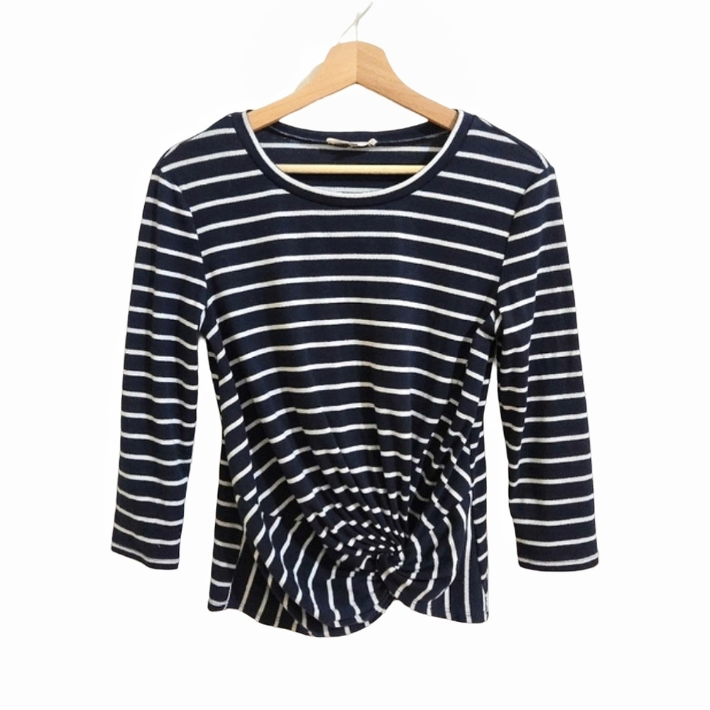 Sugarlips XS Navy Blue & White Striped Nautical Front Tie 3/4 Sleeve Top Size XS